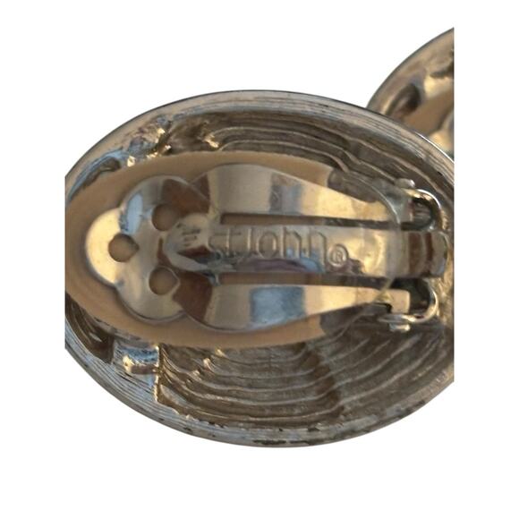 St. John Rhinestone Faux Pearl Oval Clip On Earrings Statement Signed Vintage - Picture 9 of 9